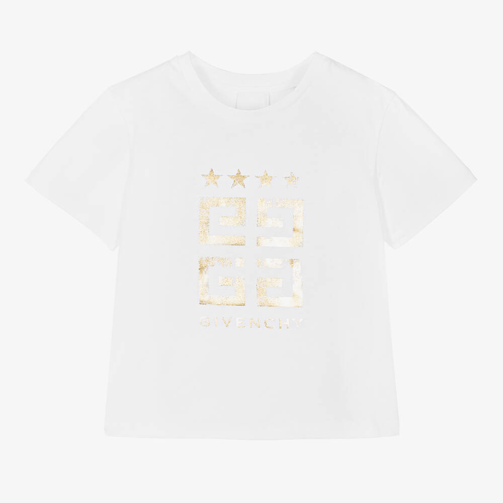 Givenchy-Girls White & Gold Cotton 4G T-Shirt | Childrensalon Outlet