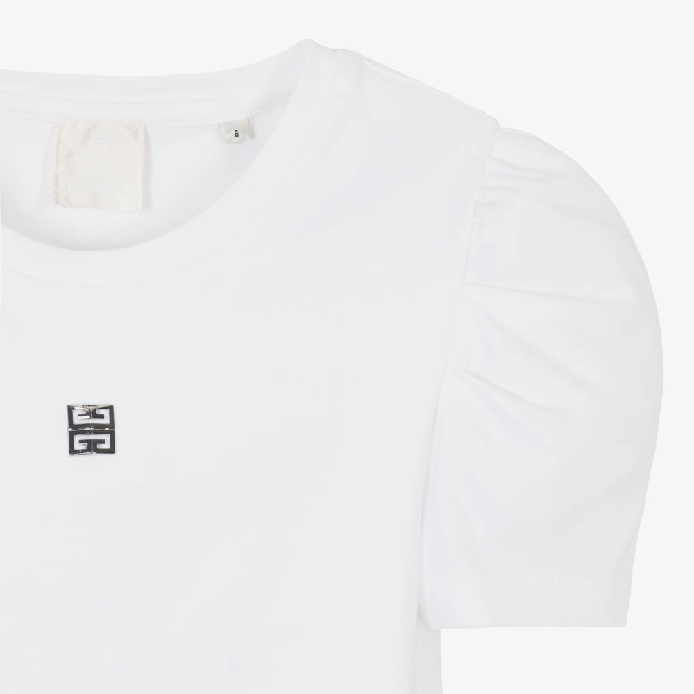 Givenchy-Girls White Logo Puff Sleeve Tee | Childrensalon Outlet