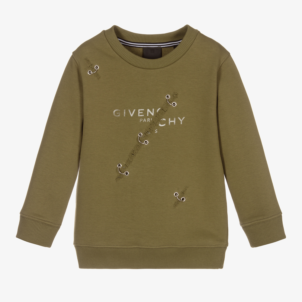 Givenchy - سويتشيرت قطن جيرسي لون أخضر كاكي للأولاد | Childrensalon