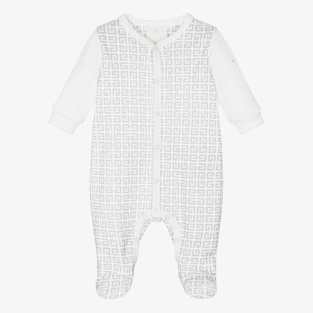 Givenchy - Grey & White 4G Logo Babygrow | Childrensalon