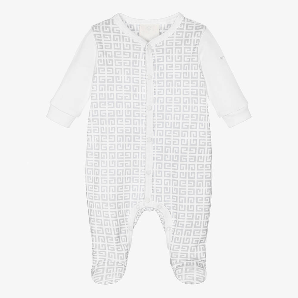 Givenchy-Grey & White 4G Logo Babygrow | Childrensalon Outlet