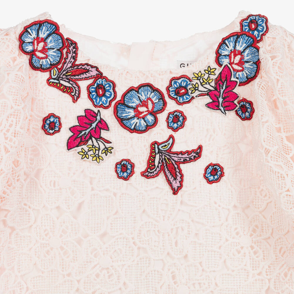 جيفنشي-فستان دانتيل مبطن لون زهري بتطريز ورود | Childrensalon Outlet