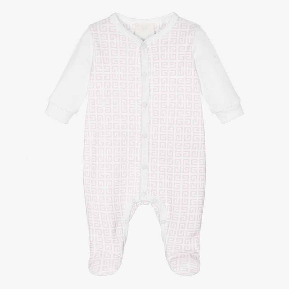 Givenchy-Pink & White 4G Logo Babygrow | Childrensalon Outlet