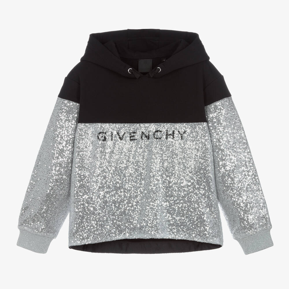 Givenchy - توب هودي  تينز بناتي جيرسي لون أسود وفضّي مزين بترتر  | Childrensalon