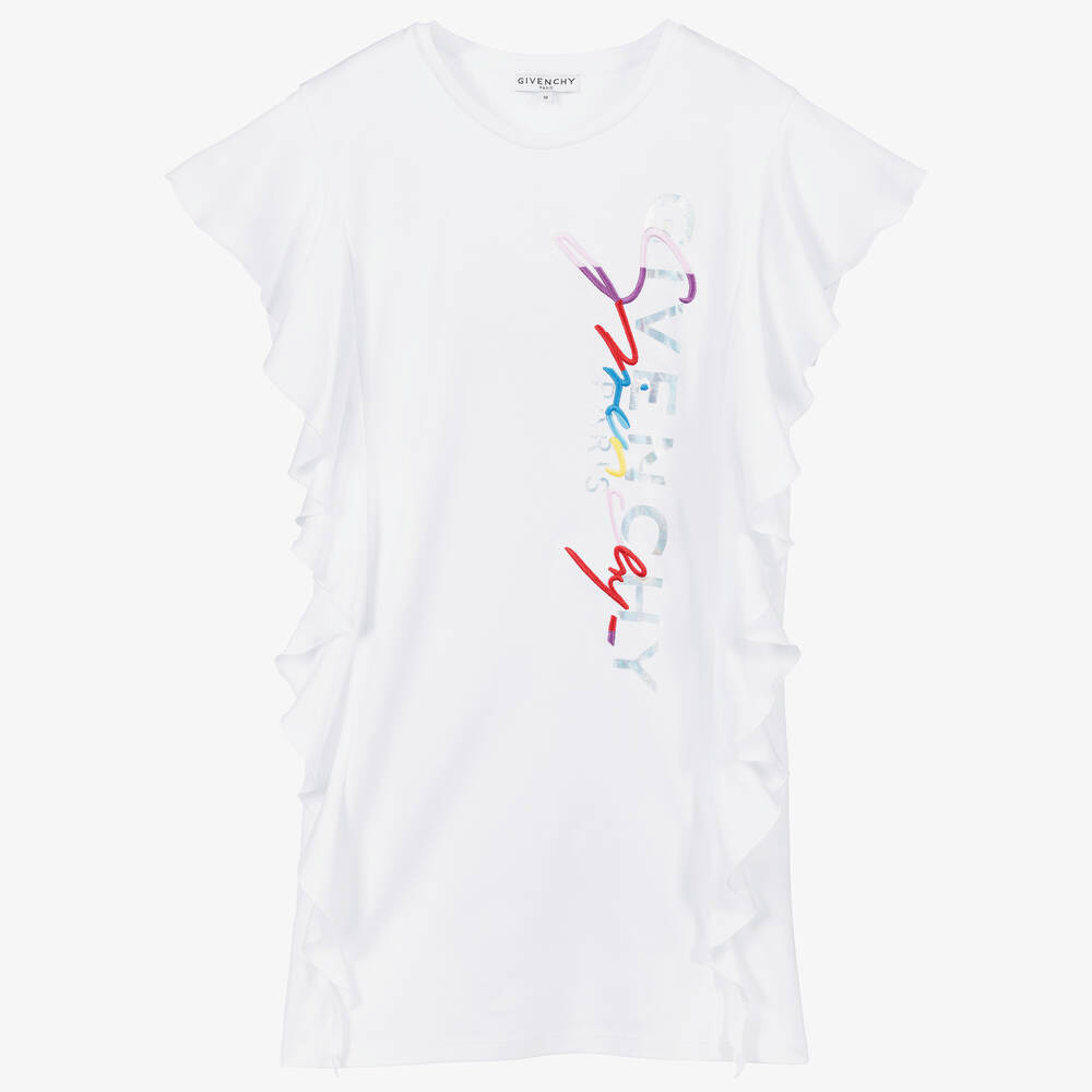 Givenchy - Белое платье с рюшами и логотипом для подростков | Childrensalon