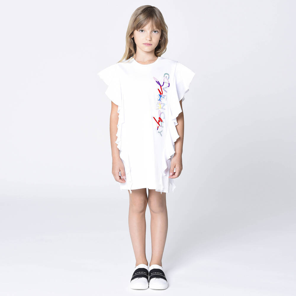 Givenchy-Белое платье с рюшами и логотипом для подростков | Childrensalon Outlet