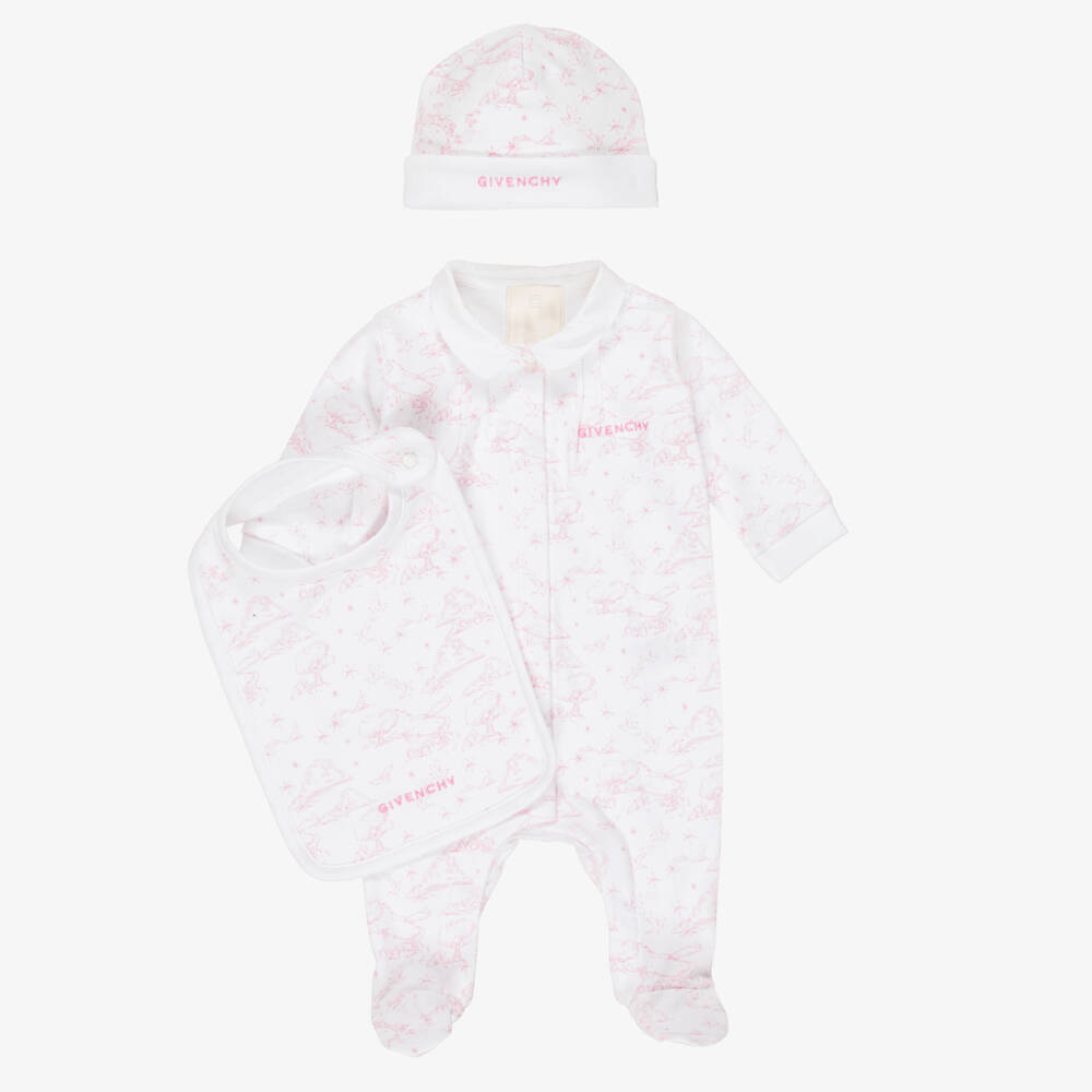 Givenchy-White And Pink Toile De Jouy Babysuit Gift Set | Childrensalon Outlet
