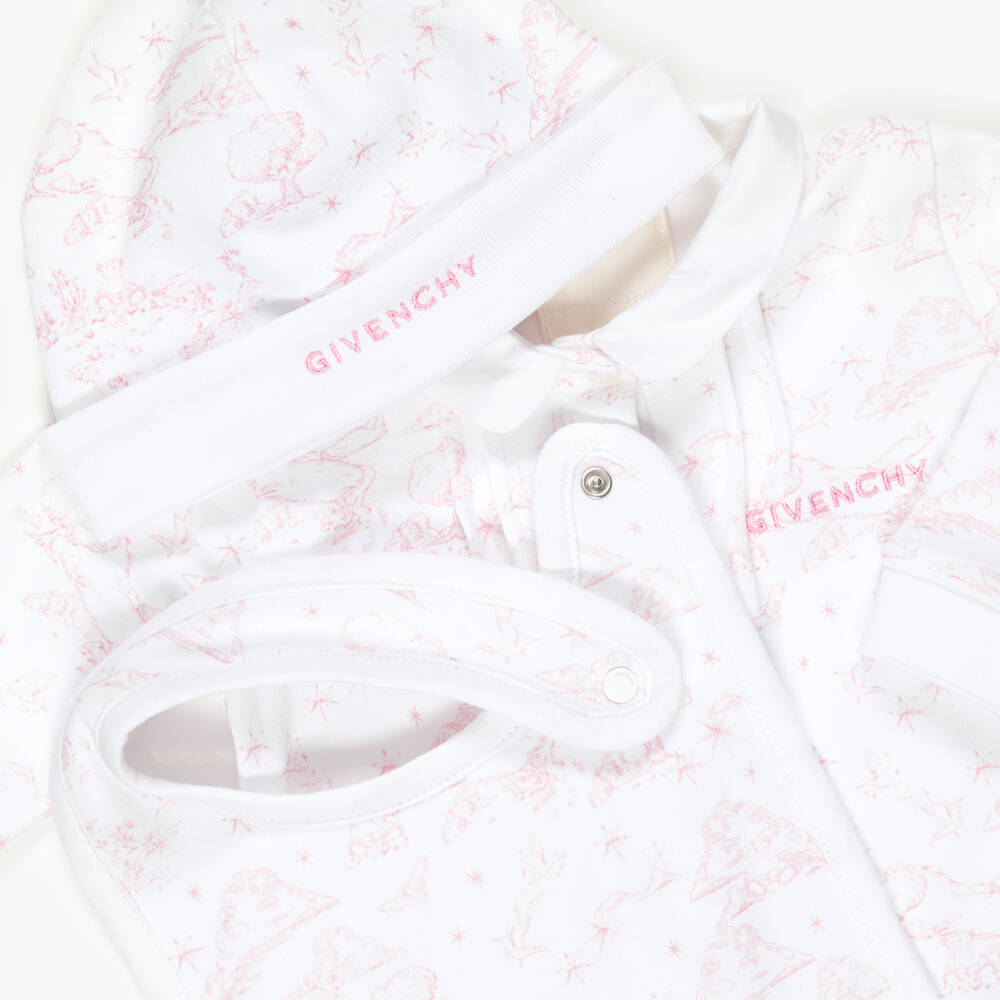 Givenchy-White And Pink Toile De Jouy Babysuit Gift Set | Childrensalon Outlet