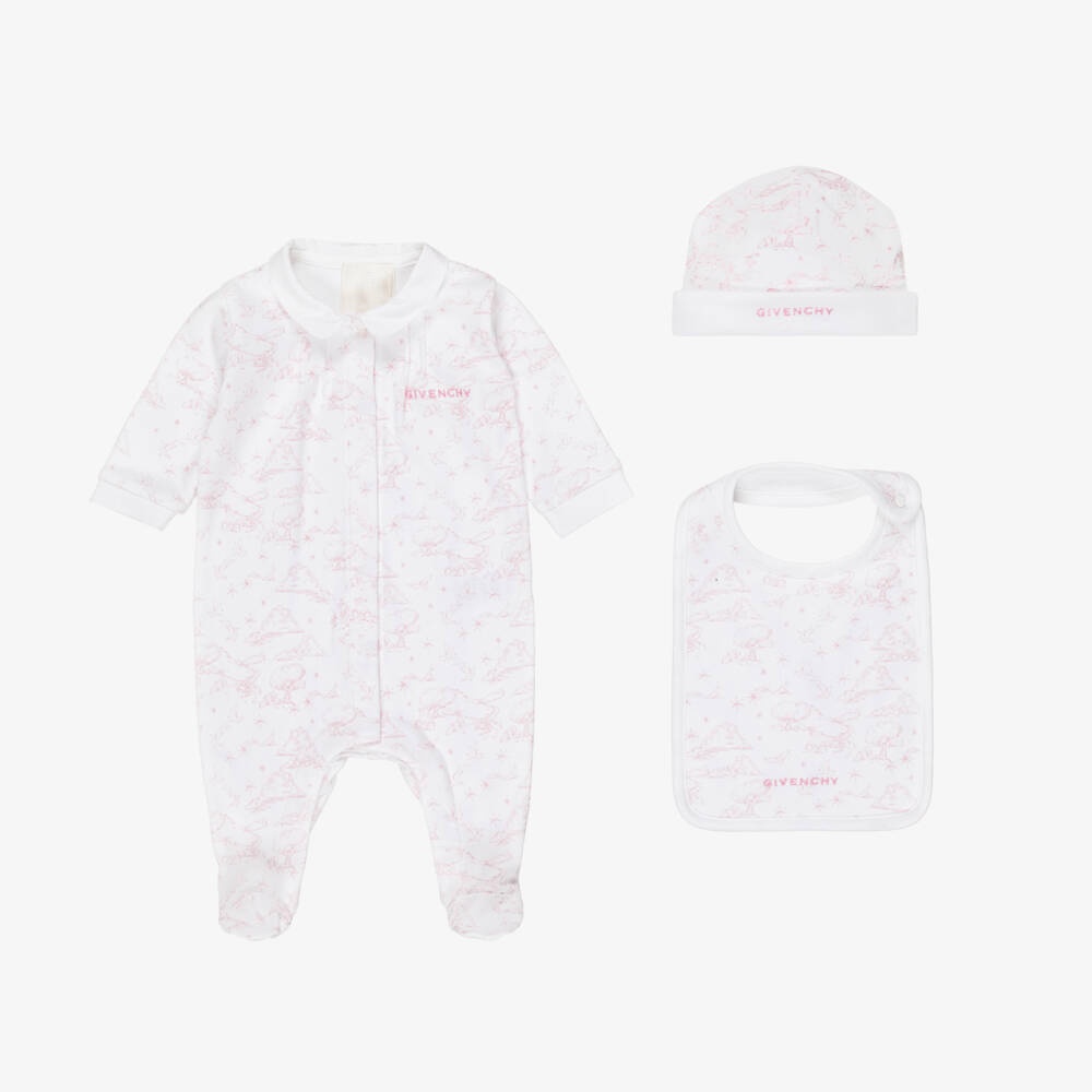 Givenchy-White And Pink Toile De Jouy Babysuit Gift Set | Childrensalon Outlet