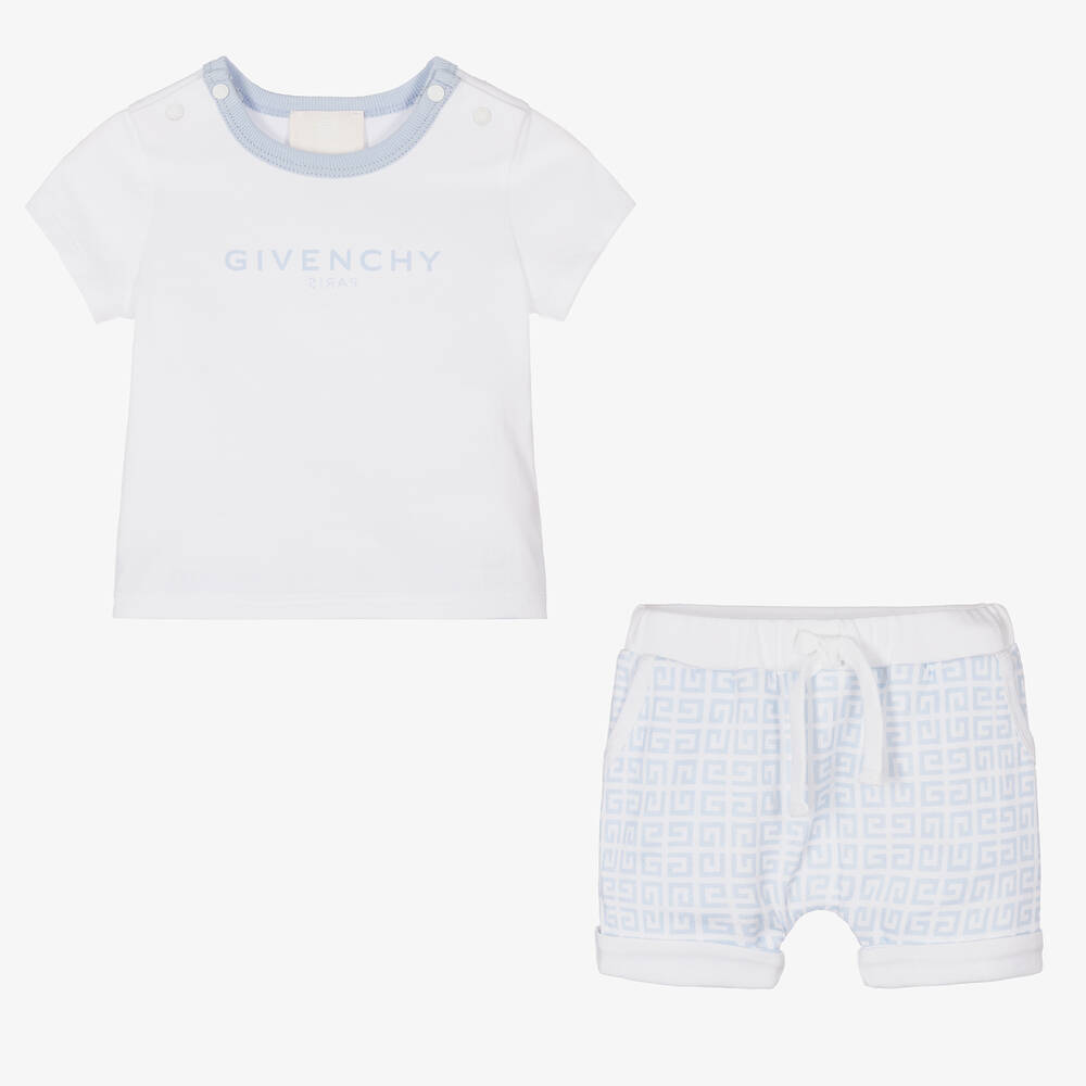 Givenchy-White & Blue Cotton 4G Baby Shorts Set | Childrensalon Outlet