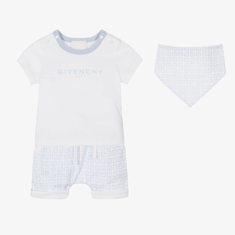 Givenchy - طقم شورت 4G قطن لون أبيض وأزرق فاتح للأطفال | Childrensalon