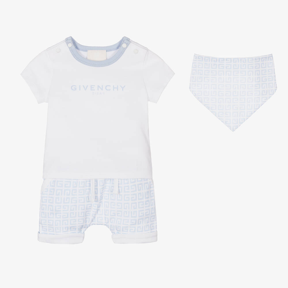 Givenchy White Blue Cotton 4G Baby Shorts Set Childrensalon Outlet