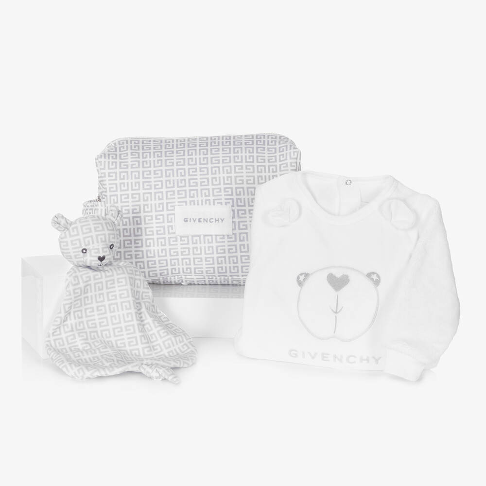 Givenchy - White & Grey Velour 4G Babysuit Gift Set | Childrensalon