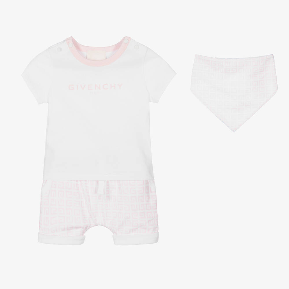 Givenchy - طقم شورت 4G قطن لون أبيض وزهري للمولودات | Childrensalon
