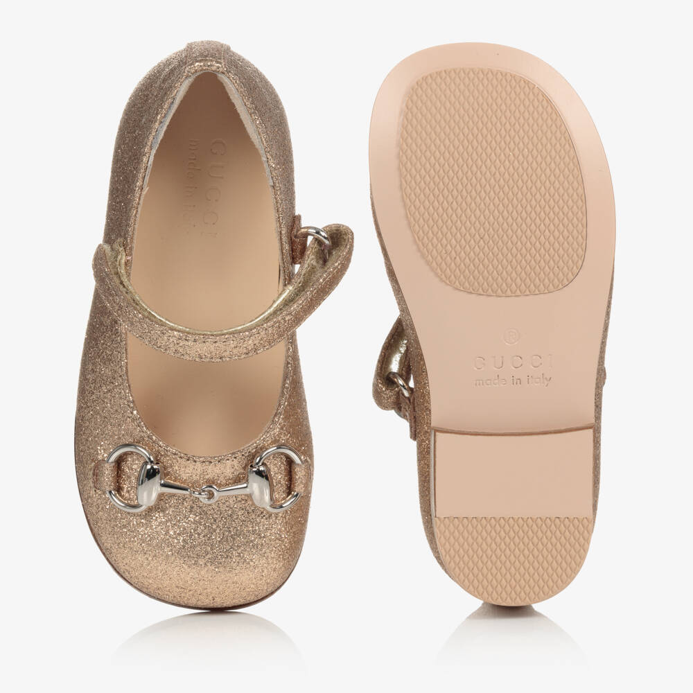 Gucci-Gold Glitter Ballerina Shoes With Silver Horsebit | Childrensalon Outlet