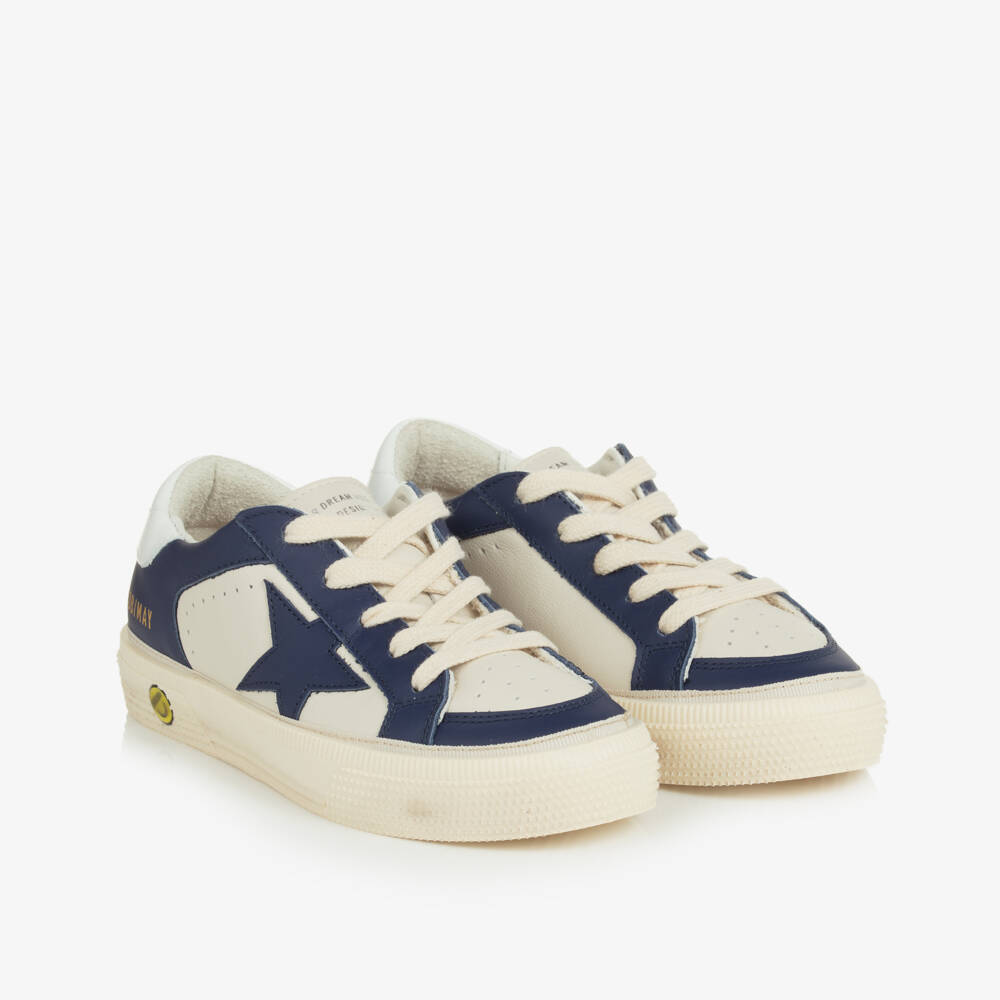 Golden Goose-Boys White & Blue Leather May Trainers | Childrensalon Outlet