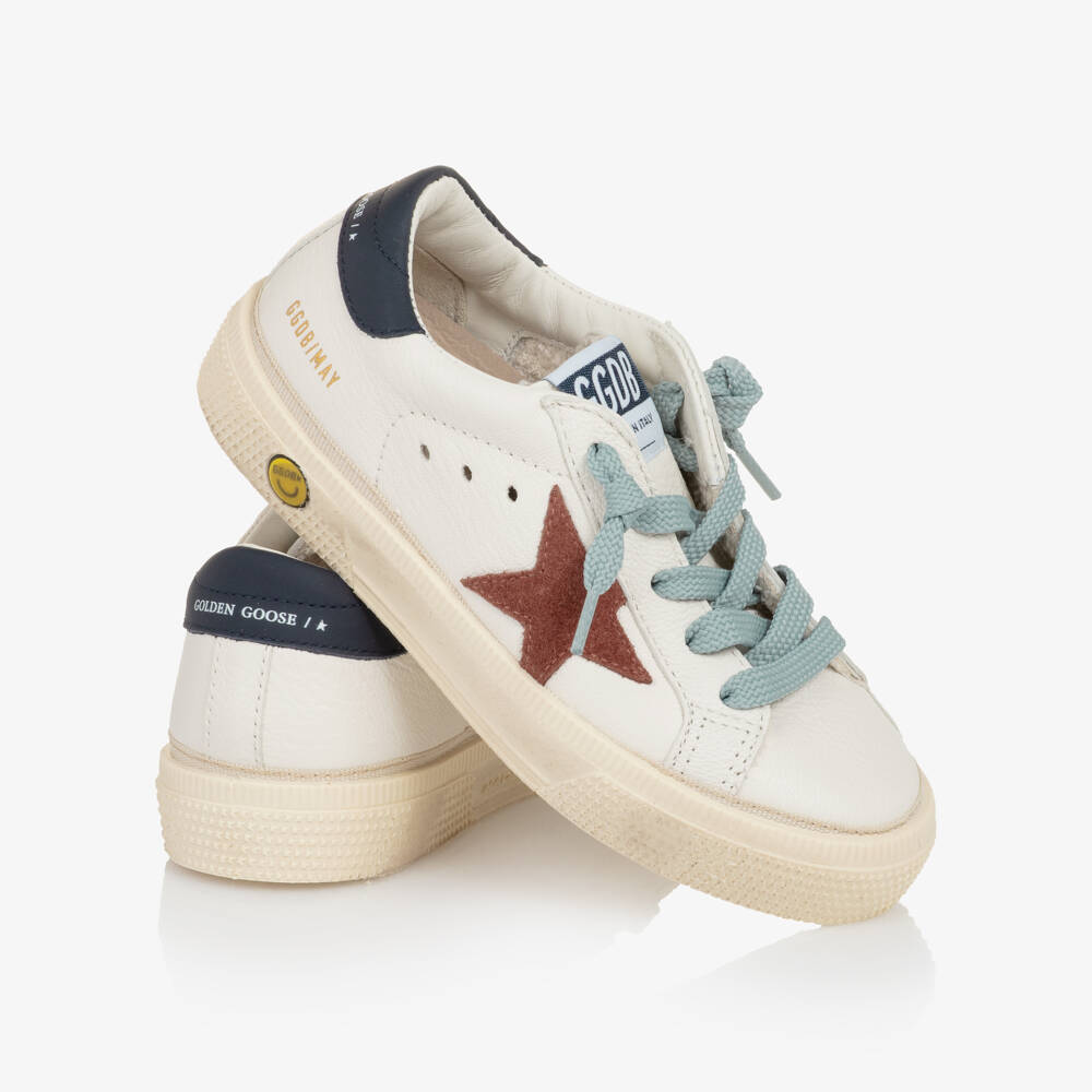 Golden Goose-Boys White Leather & Blue Lace-Up Trainers | Childrensalon Outlet