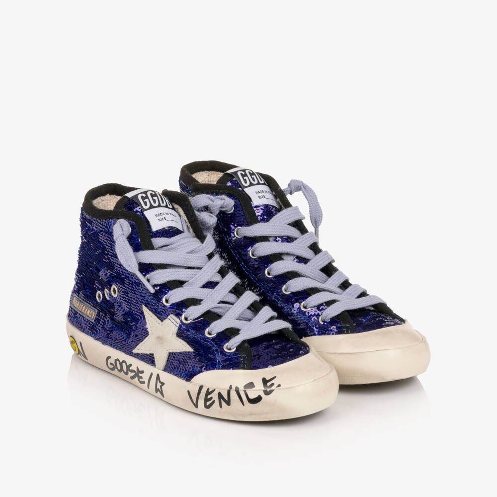 Golden Goose-Girls Blue Sequin Francy High Top Trainers | Childrensalon Outlet