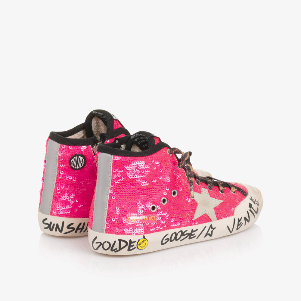 Golden Goose-Girls Neon Pink Sequin and Star High Top Trainers | Childrensalon Outlet