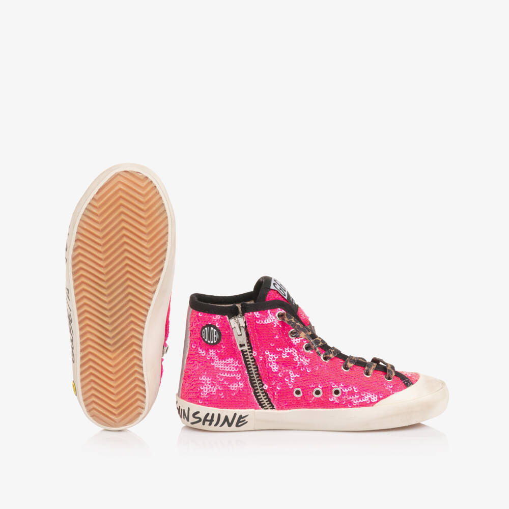 Golden Goose-Girls Neon Pink Sequin and Star High Top Trainers | Childrensalon Outlet