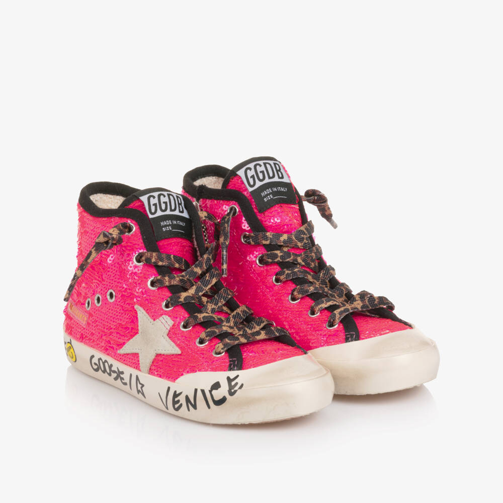 Golden Goose-Girls Neon Pink Sequin and Star High Top Trainers | Childrensalon Outlet