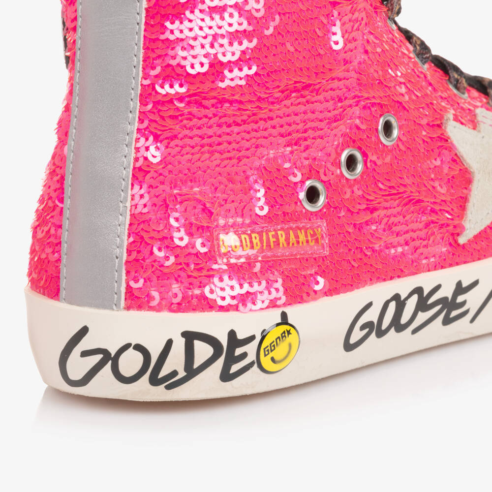Golden Goose-Girls Neon Pink Sequin and Star High Top Trainers | Childrensalon Outlet