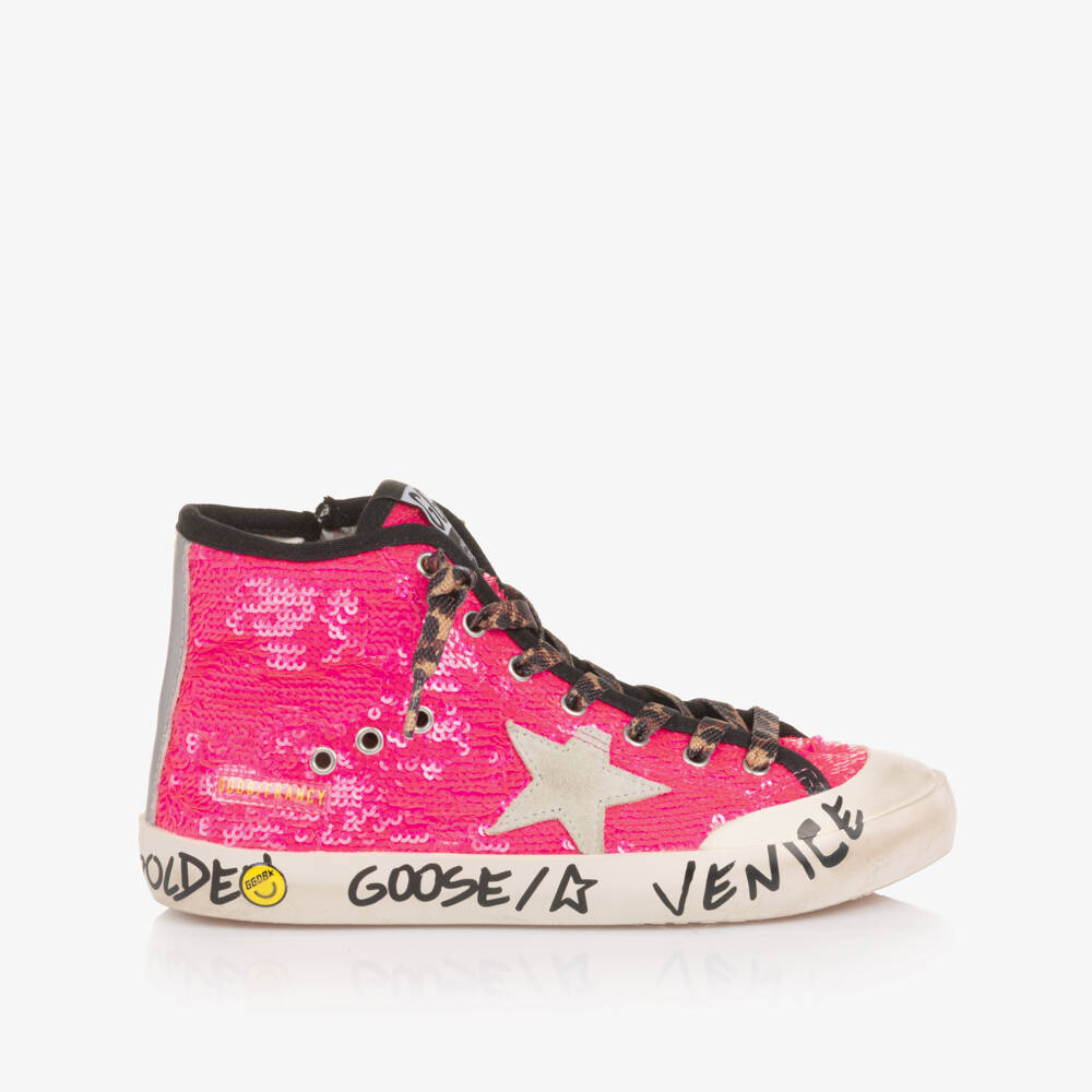 Golden Goose-Girls Neon Pink Sequin and Star High Top Trainers | Childrensalon Outlet