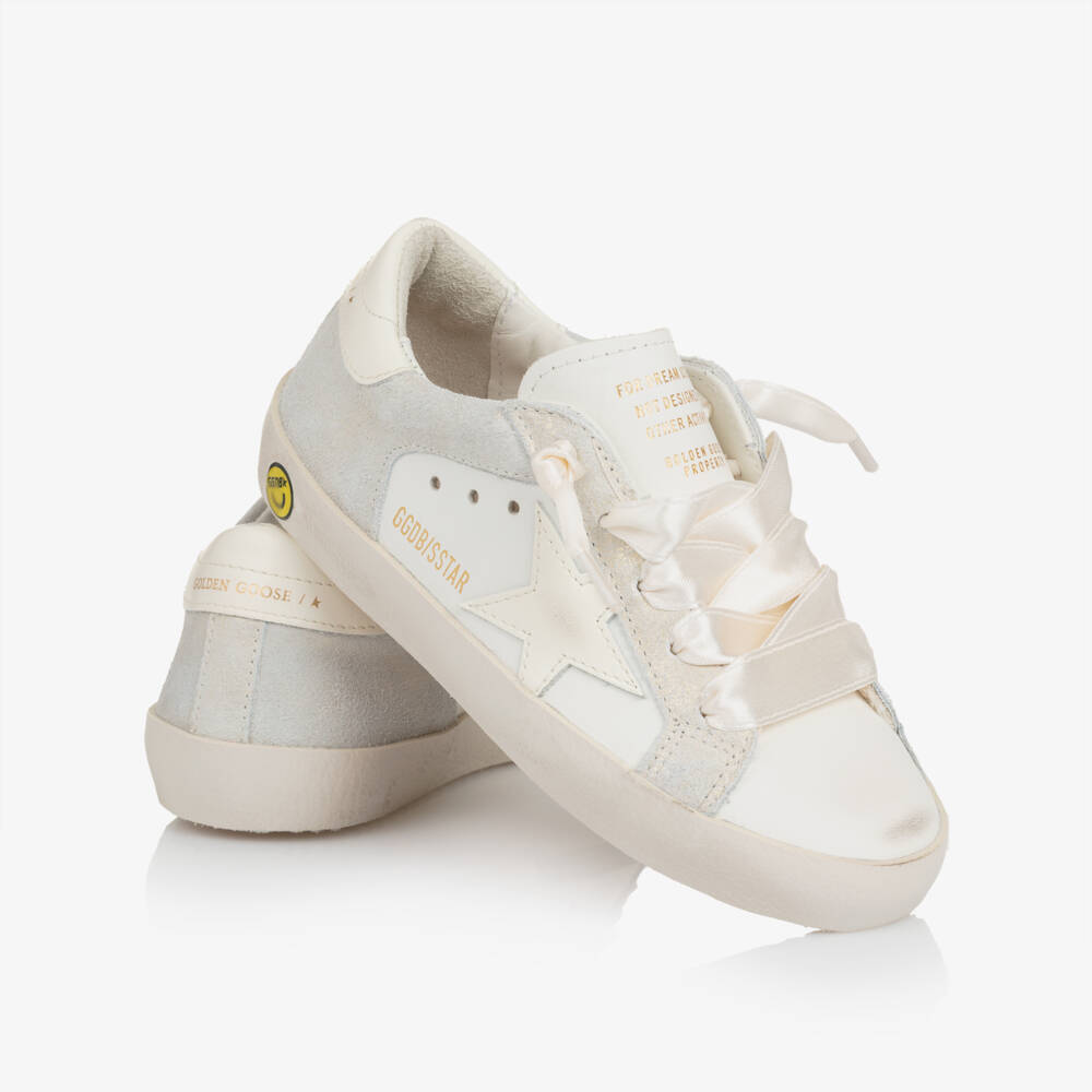 Golden Goose-Girls White & Silver Super-Star Trainers with Ribbon Laces | Childrensalon Outlet