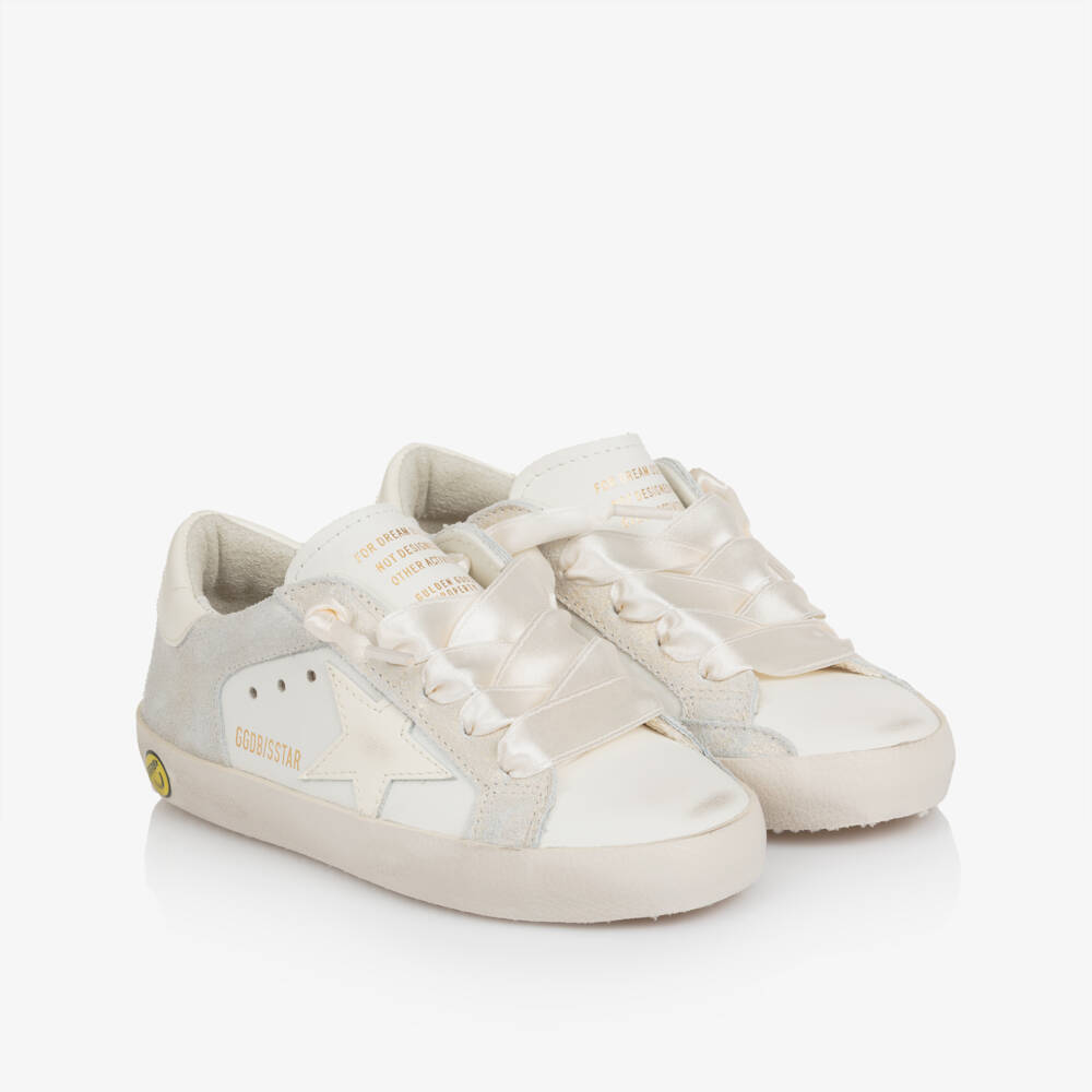 Golden Goose-Girls White & Silver Super-Star Trainers with Ribbon Laces | Childrensalon Outlet