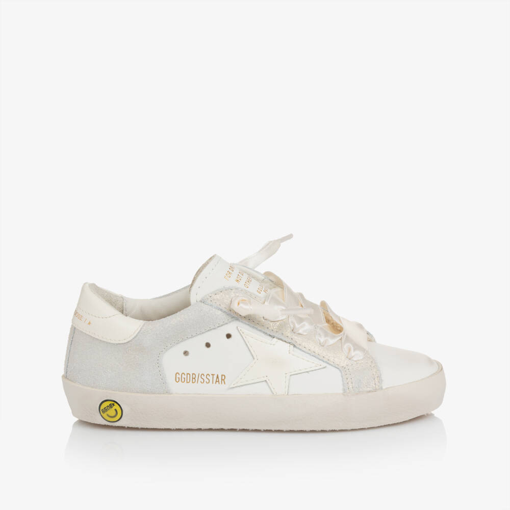 Golden Goose-Girls White & Silver Super-Star Trainers with Ribbon Laces | Childrensalon Outlet
