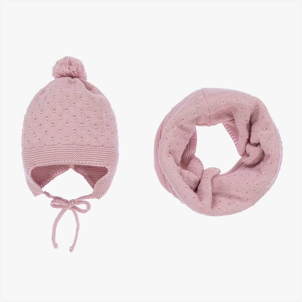 Gorros Navarro - Baby Girls Pink Knitted Hat & Snood Set | Childrensalon