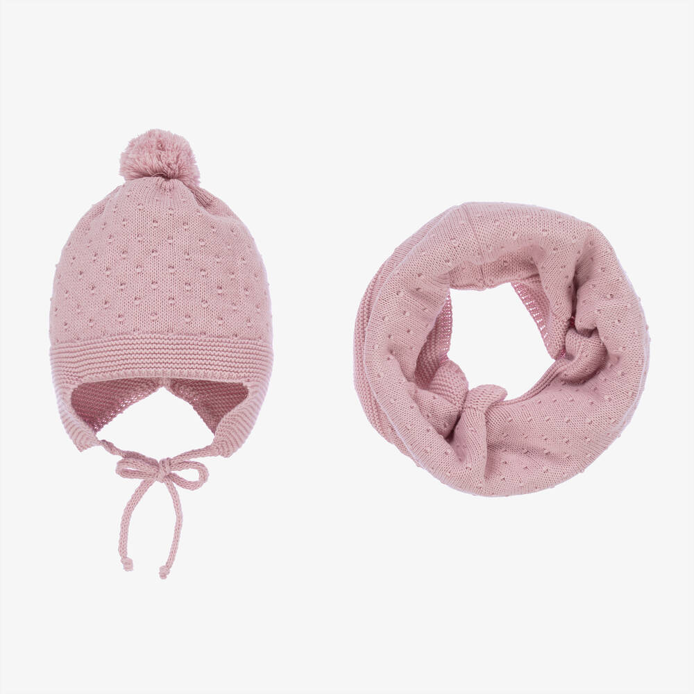 Gorros Navarro-Baby Girls Pink Knitted Hat & Snood Set | Childrensalon Outlet