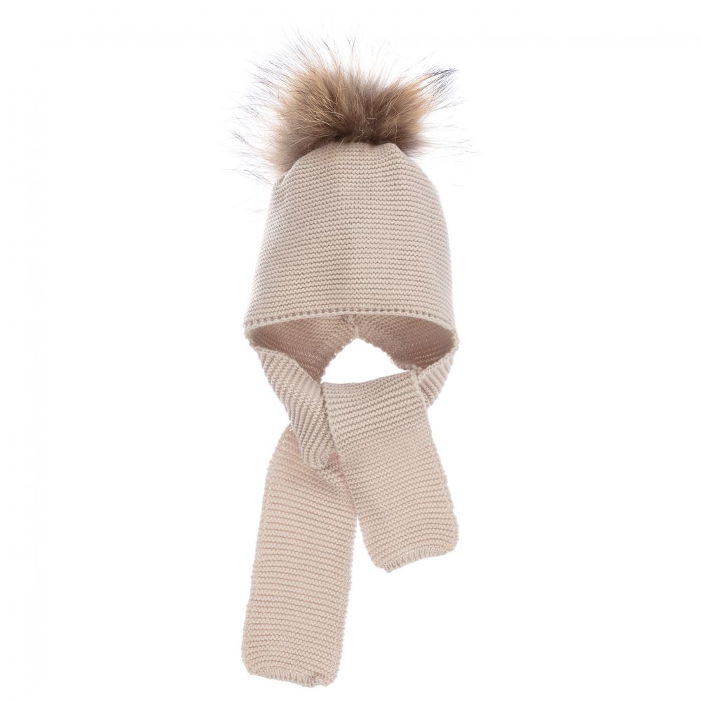 Gorros Navarro - Beige Knitted Baby Hat & Scarf | Childrensalon