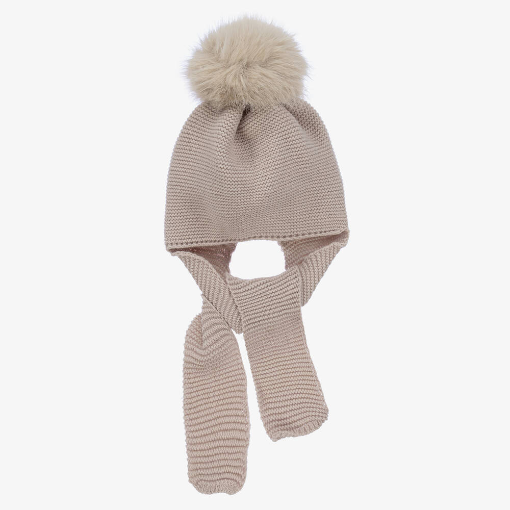 Gorros Navarro - Beige Knitted Pom-Pom Baby Hat & Scarf | Childrensalon