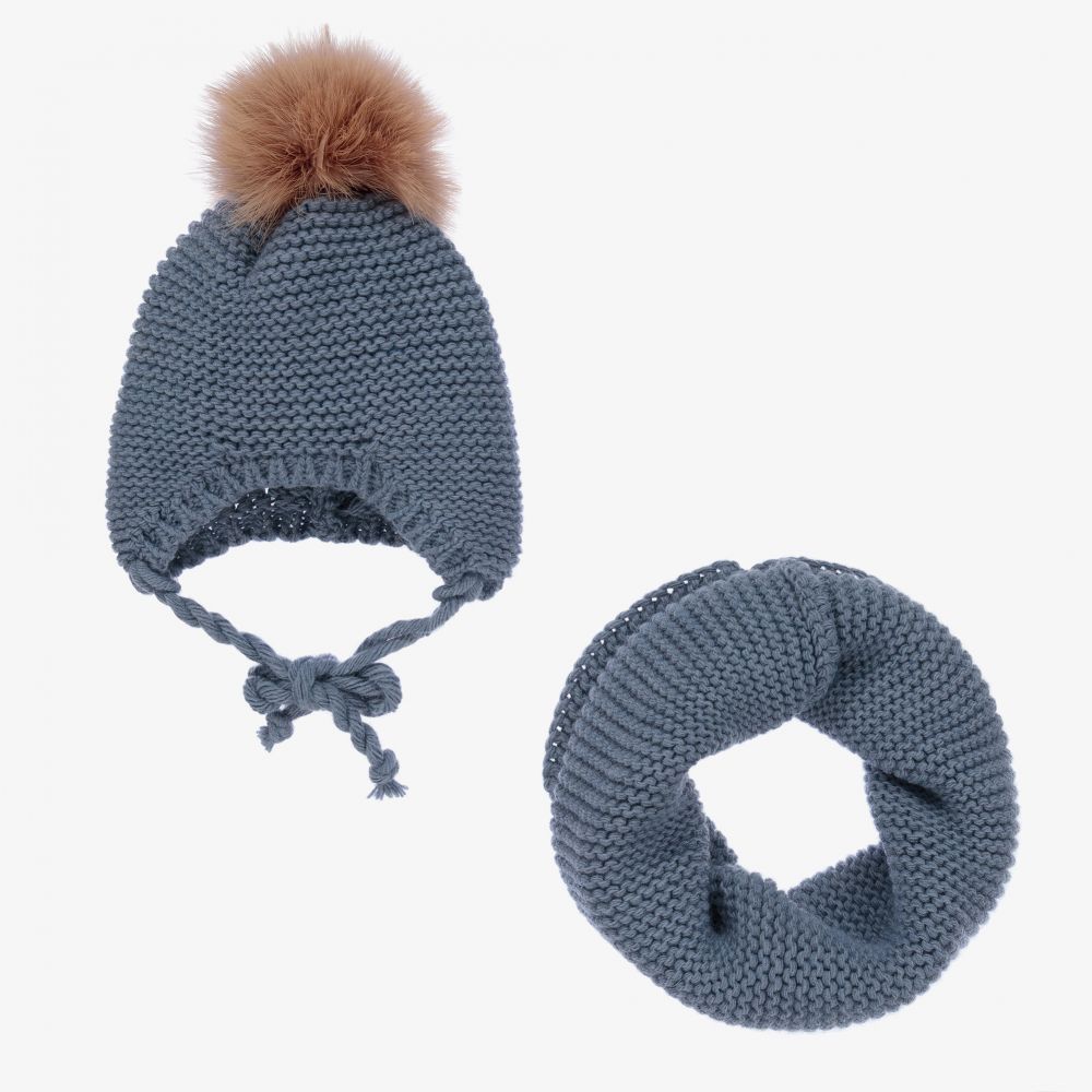 Gorros Navarro - Blue Knitted Hat & Snood Set | Childrensalon