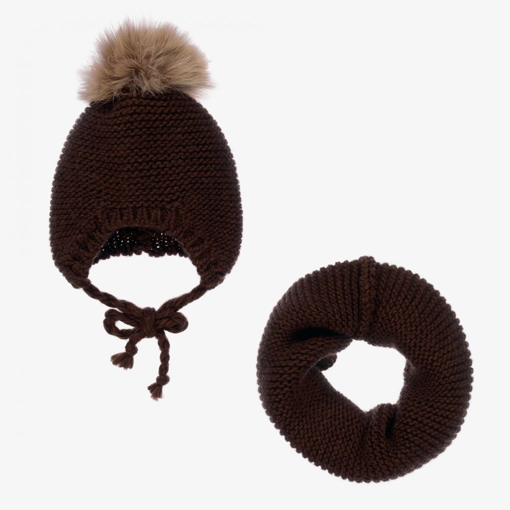 Gorros Navarro - Brown Knitted Hat & Snood Set | Childrensalon