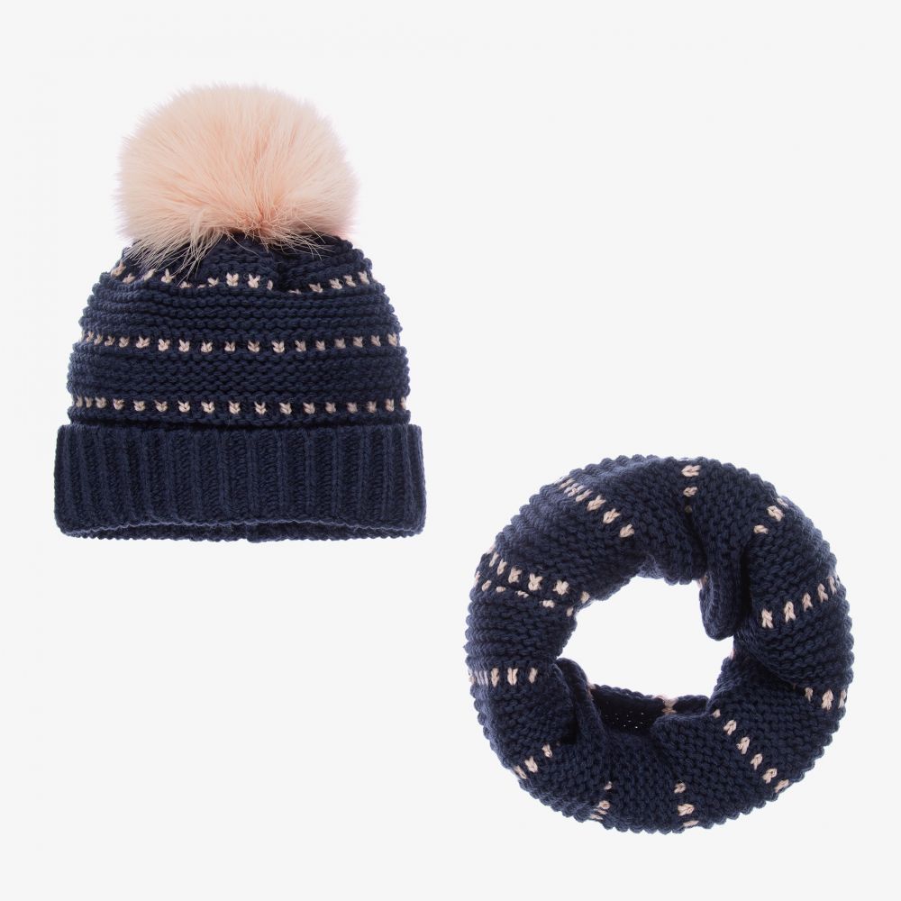 Gorros Navarro - Girls Blue Knitted Hat Set | Childrensalon