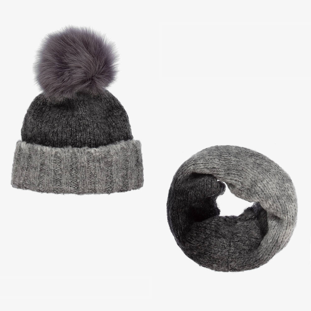 Gorros Navarro - Bonnet et snood gris en laine | Childrensalon