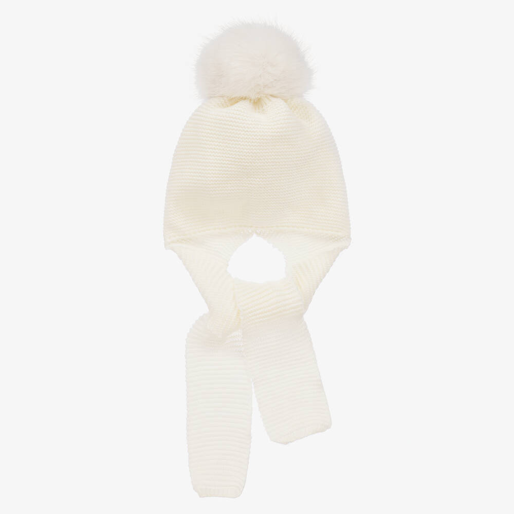 Gorros Navarro - Ivory Knitted Pom-Pom Baby Hat & Scarf | Childrensalon