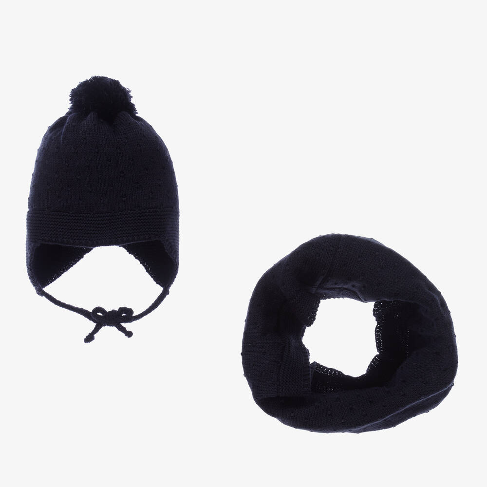 Gorros Navarro - Navy Blue Knitted Hat & Snood Set | Childrensalon