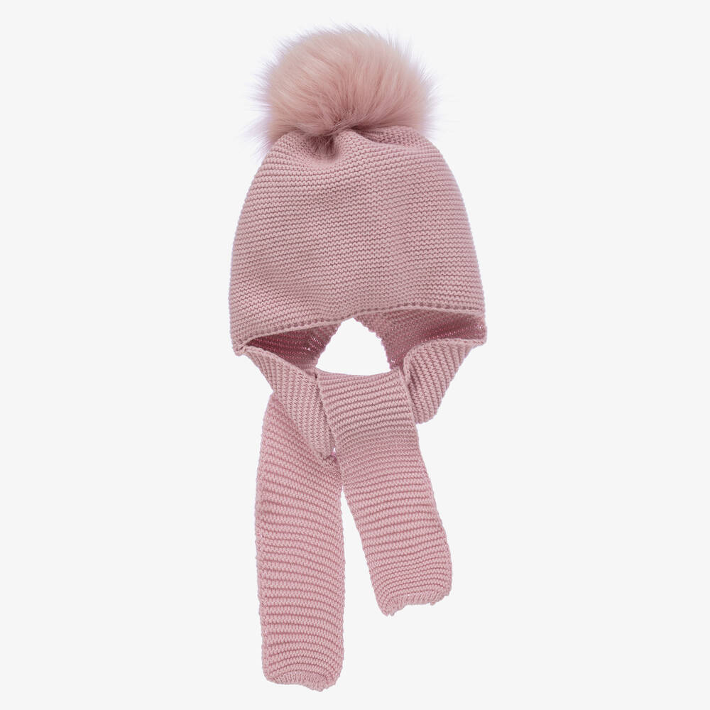 Gorros Navarro - Pink Knitted Pom-Pom Baby Hat & Scarf | Childrensalon