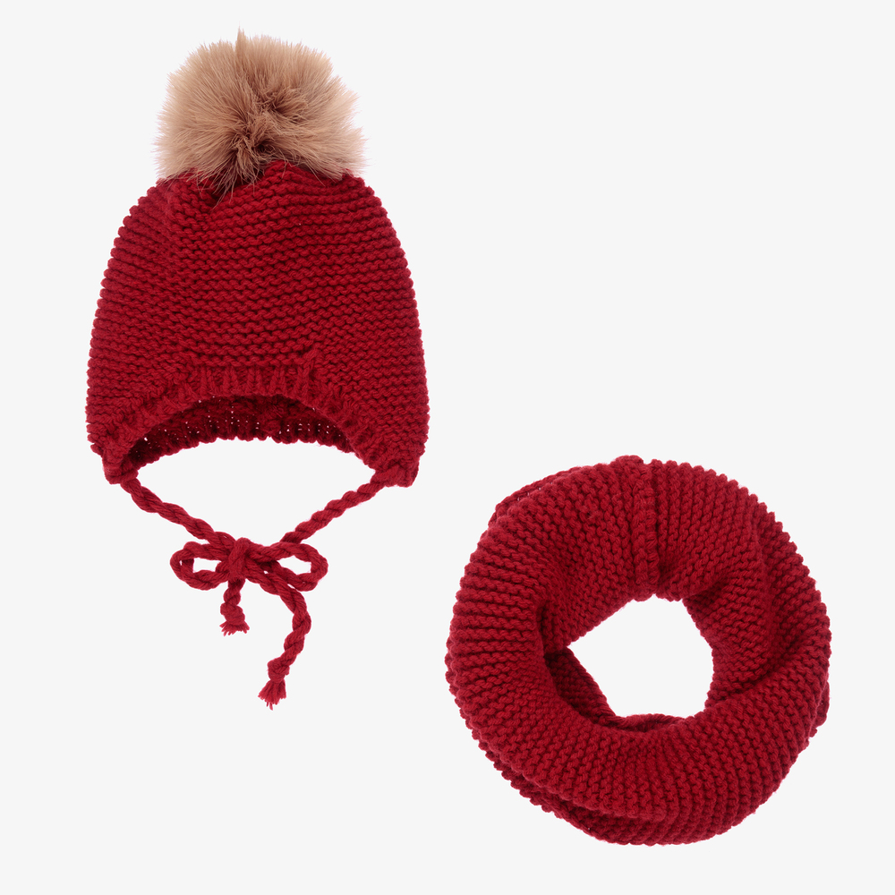 Gorros Navarro-طقم قبعة وسنود مزيج صوف محبوك لون أحمر للأطفال | Childrensalon Outlet