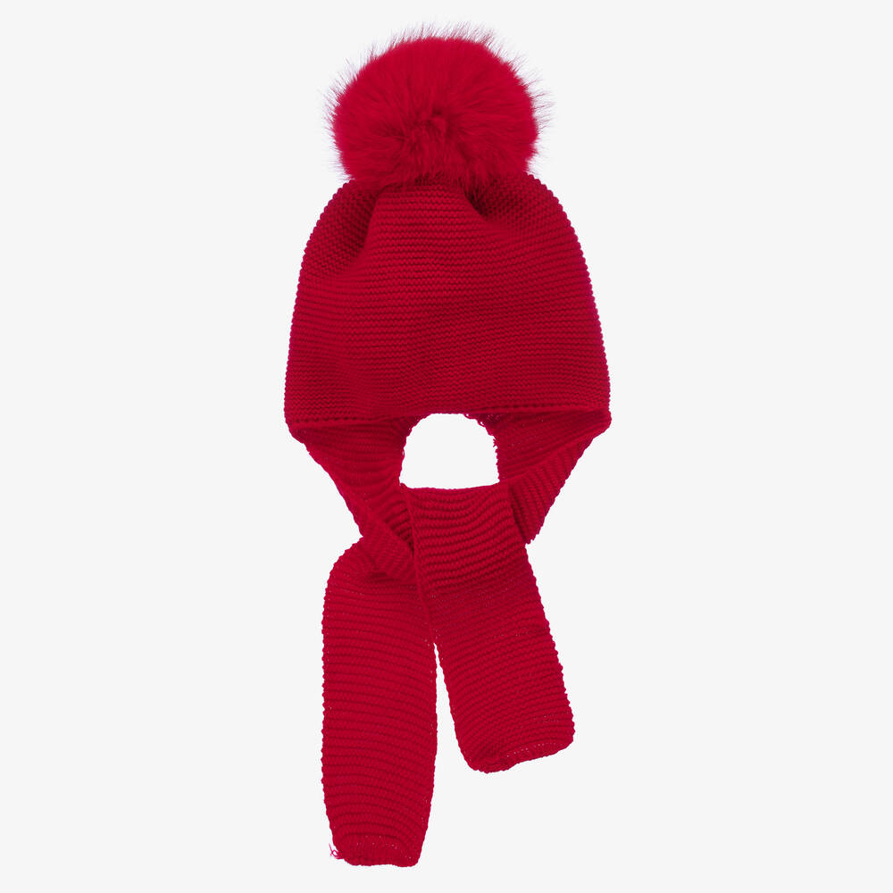 Gorros Navarro - Red Knitted Pom-Pom Baby Hat & Scarf | Childrensalon
