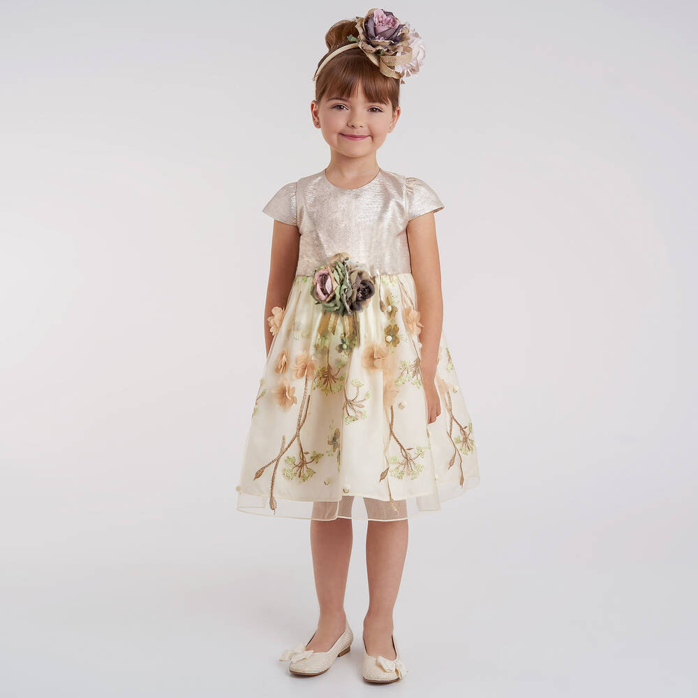 Graci-Beige & Gold Embroidered Dress | Childrensalon Outlet