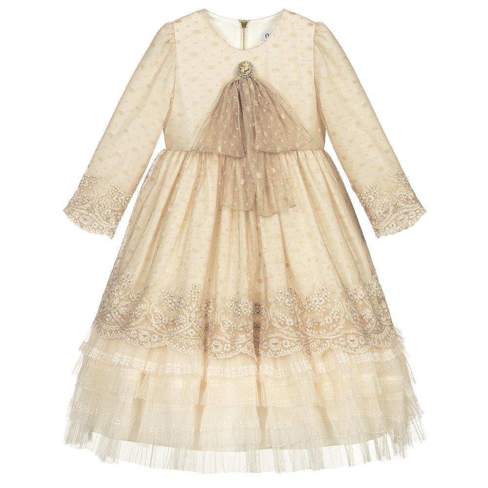 Graci - Beige Tulle & Lace Bow Dress  | Childrensalon