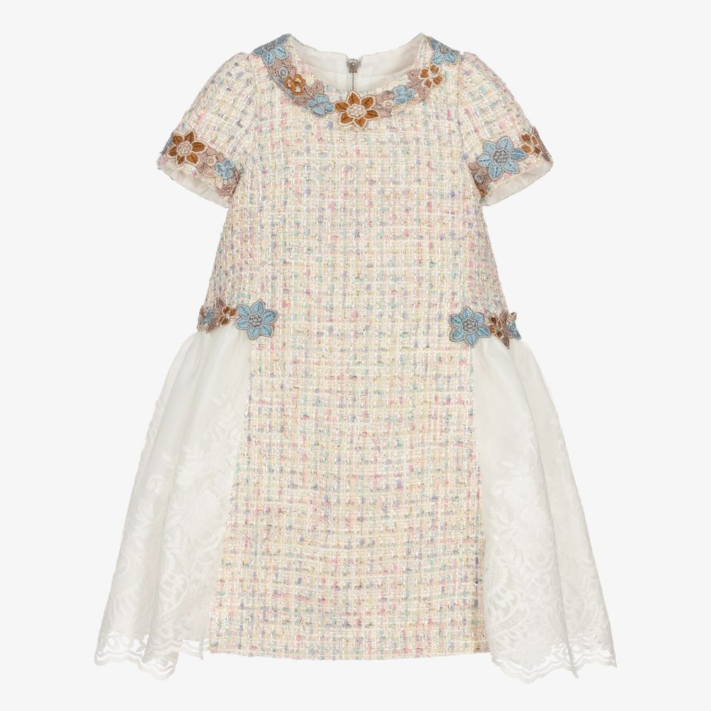 Graci - Beiges Kleid aus Tweed und Spitze  | Childrensalon
