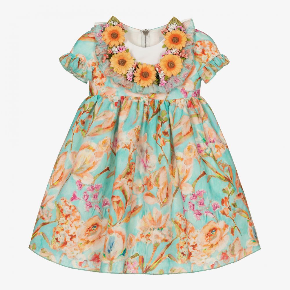 Graci - Blue Cotton Floral Dress  | Childrensalon