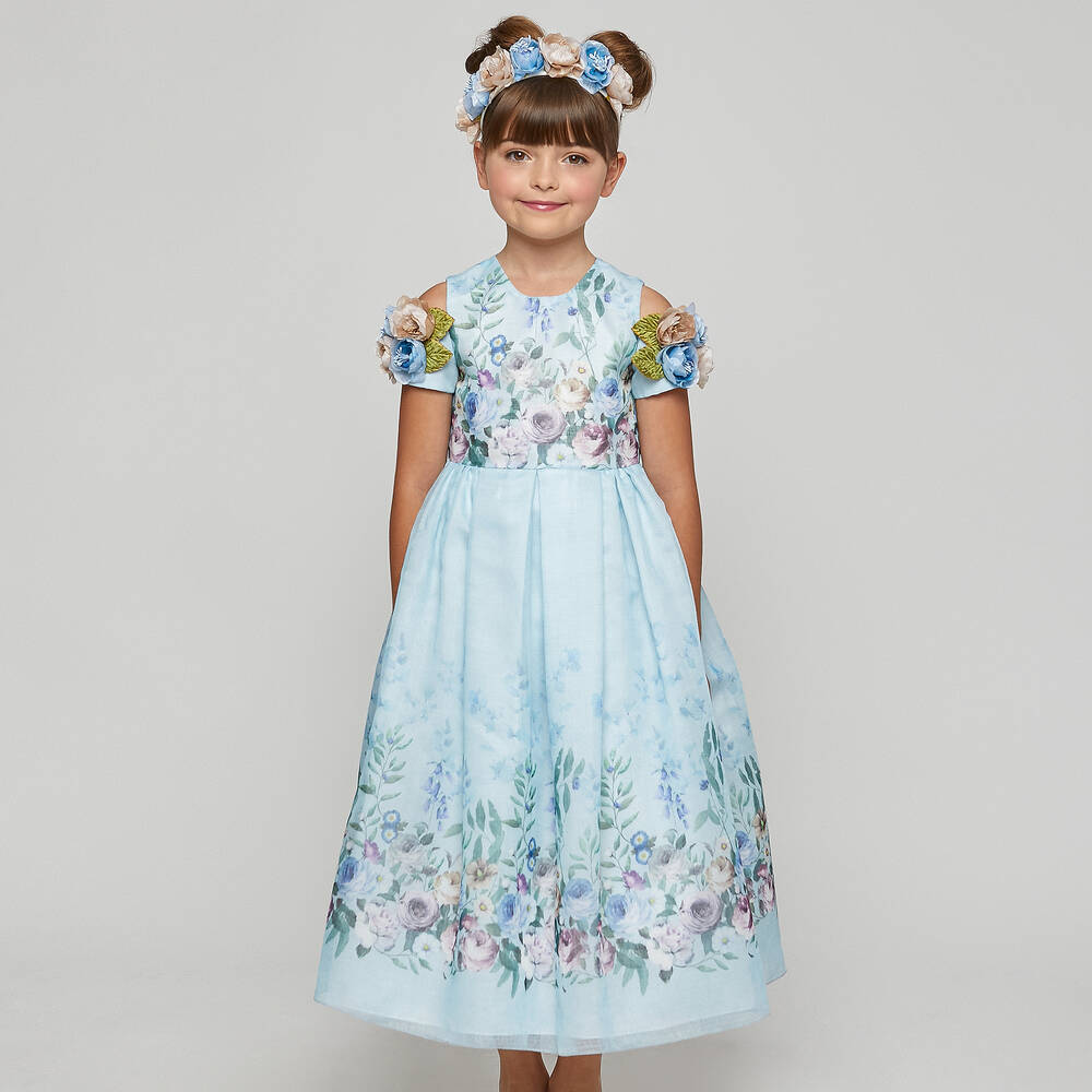 Graci-فستان قطن فوال لون أزرق بطبعة ورود | Childrensalon Outlet
