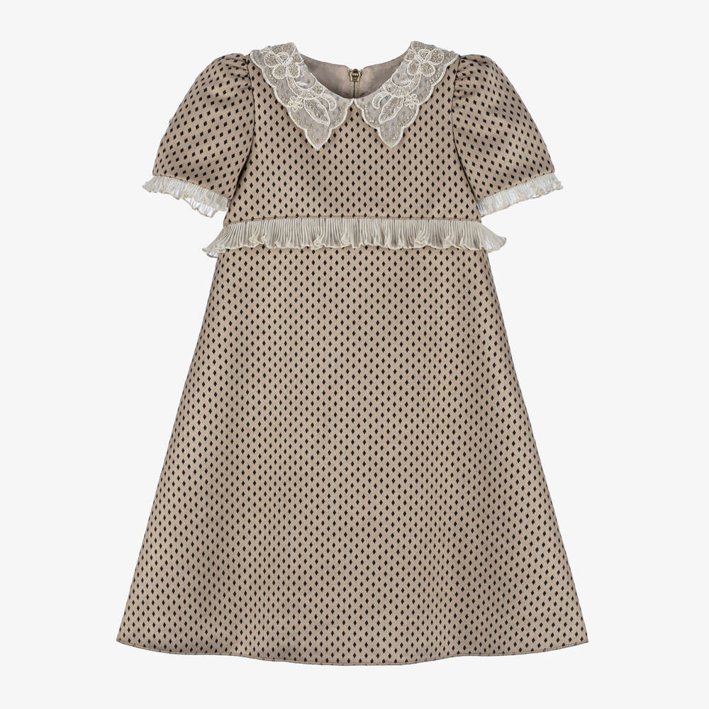 Graci-Girls Beige Collar Dress with Embroidery | Childrensalon Outlet