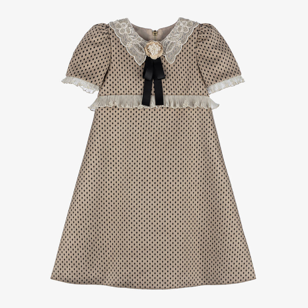 Graci-Girls Beige Collar Dress with Embroidery | Childrensalon Outlet